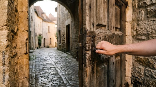 Hand opening an old wooden door to a narrow stone alleyway