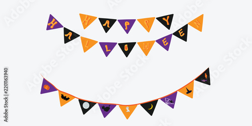 Happy Halloween bunting flag garland banner set featuring party decorations with spooky icons vector illustration