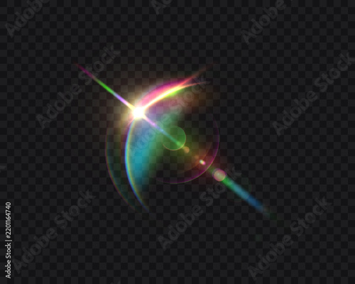 Colorful prismatic lens flare with rainbow light refraction, glowing streaks and crystal reflection. Abstract vector optical light effect.