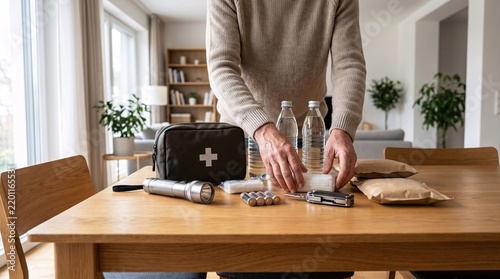 Man preparing first aid kit and emergency supplies on wooden table in bright home