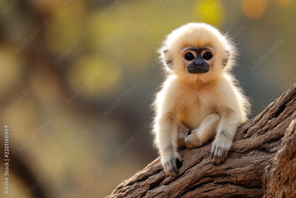 Fototapeta premium Cute golden monkey sitting on thick tree branch