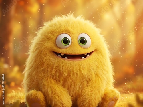 A cute fluffy yellow monster sitting in a beautiful golden autumn forest