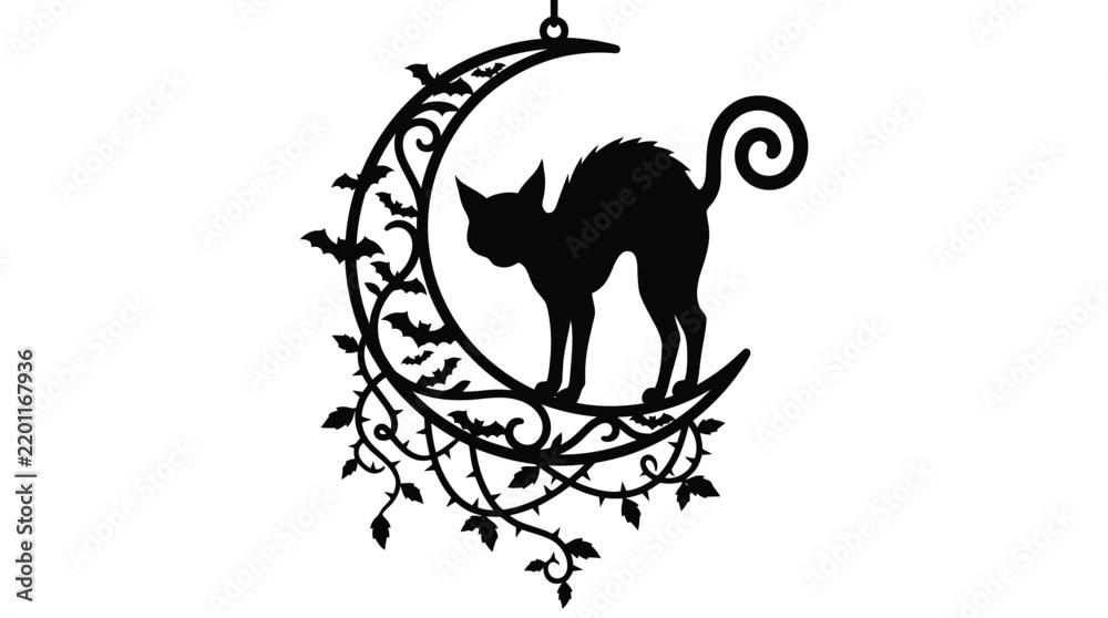 Fototapeta premium Halloween silhouette featuring arched black cat standing on decorative crescent moon with flying bats and swirling floral vine pattern design