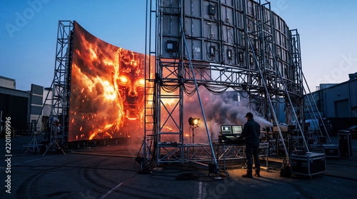Technician at a control desk before a giant curved LED screen at dusk