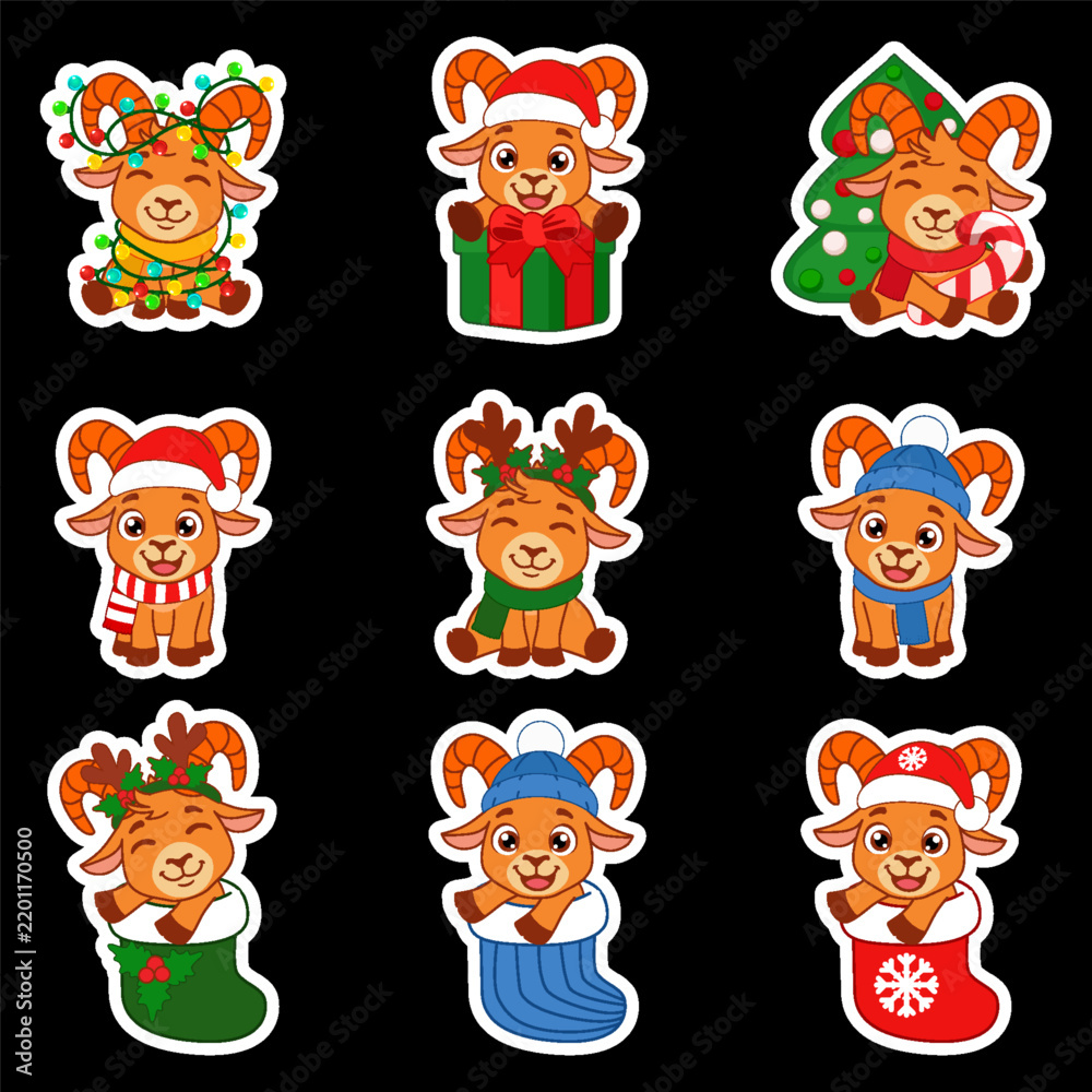 Obraz premium Cute Christmas Goat Character Sticker Collection