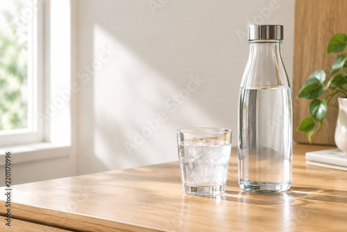 Glass bottle and tumbler with ice water on wooden counter for hydration and home lifestyle concept
