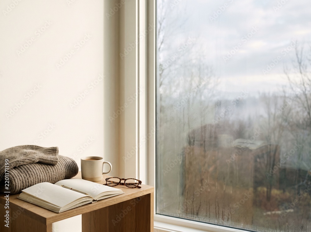 Fototapeta premium Cozy autumn slow living scene with window view, journal and warm drink on side table, social media template negative space