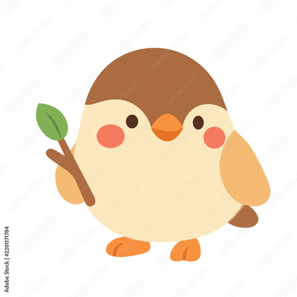 Obraz premium Cute Cartoon Sparrow Holding a Twig: An adorable, round sparrow rendered in a charming cartoon style, clutching a small twig with green leaves in its tiny foot.