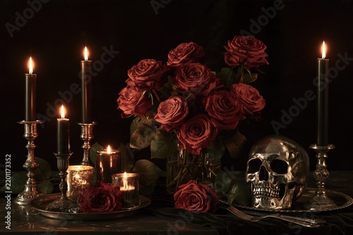 Dark red roses arranged with antique silver candlesticks and a metallic skull on a black table
