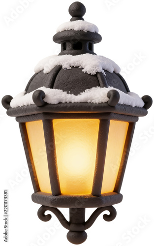A vintage street lamp covered with soft white snow glowing with warm light for winter christmas atmosphere