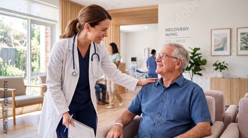 Smiling female doctor reassuring elderly male patient in modern recovery wing, healthcare professional providing support and encouragement during health recovery in bright medical facility