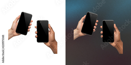 Two hands holding smartphones with blank black screen mockup templates.