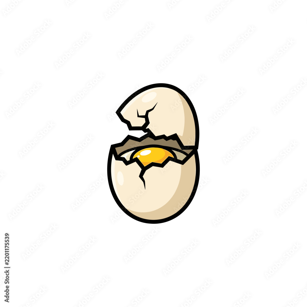 Obraz premium Cracked Cream Colored Egg With Exposed Golden Yolk, Bold Cartoon Food Design For Breakfast Menus, Cooking Recipes, Grocery Packaging, And Culinary Graphics Vector Illustration