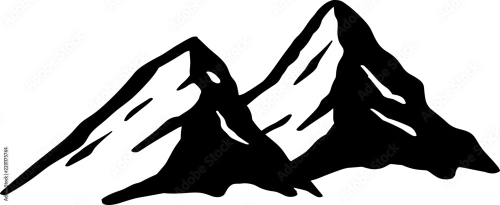 Fototapeta premium Minimalist line art illustration of a mountain range with sharp peaks and snow accents, in black and white style, suitable for nature, outdoor, or adventure themes.