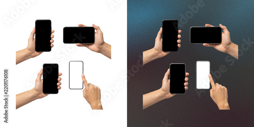 Set of hands holding smartphones with blank screens mockup templates.