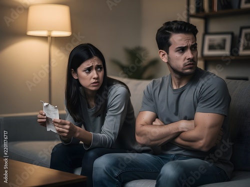 Stressed young couple arguing over financial bills and household budget sitting on sofa in living room.