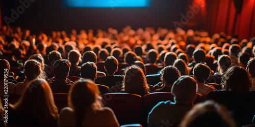 A large crowd of diverse people sit in comfortable plush seats inside a dark cinema hall, watching a bright movie screen project light across the packed auditorium during a special evening entertainme