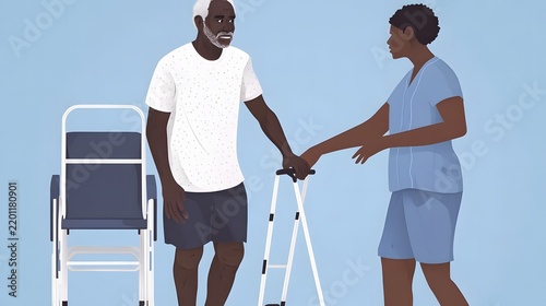 A young man assisting an elderly man with limited mobility.