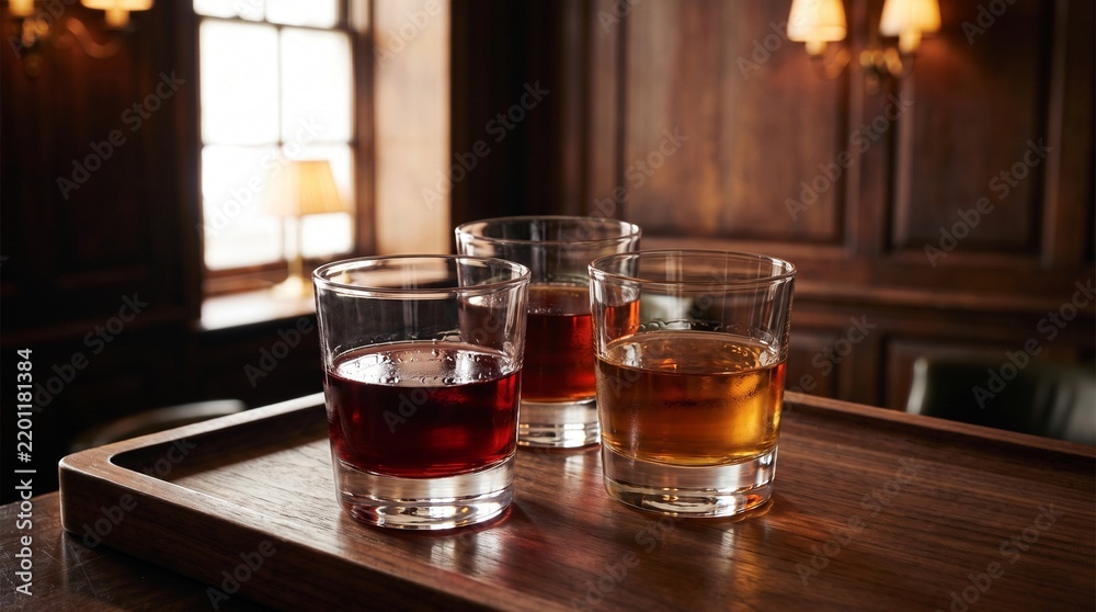 Fototapeta premium Three port wine glasses on a wooden tasting tray