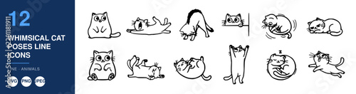 Whimsical Cat Poses Line Icons Set, Cute Animal Illustrations, Vector Design Elements for Graphic Projects