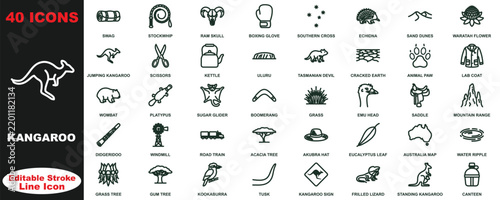 Set of 40 australian wildlife and outback themed line icons featuring kangaroo, uluru, boomerang, and native flora and fauna symbols