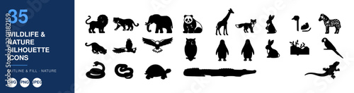 Wildlife Nature Icons, Silhouette Animal Set, Outline and Fill Design, Svg Vector Illustration, Graphic Design Elements.