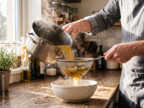 Chef straining clear broth through fine mesh sieve