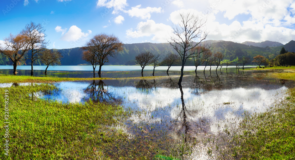 Obraz premium Azores - Reflection in lake Azul with sun and green grass in water, Sete Cidades, San Miguel, Portugal