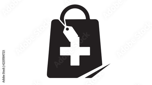 Minimalist black shopping bag vector icon with white medical cross symbol and price tag