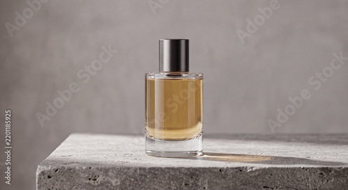 Premium unbranded perfume bottle on a minimalist stone surface.