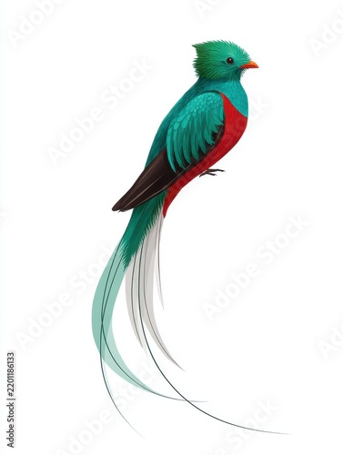 Vibrant Resplendent Quetzal Bird With Long Green Tail Feathers Isolated On A Plain White Background