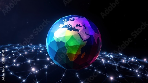 Colorful polygonal globe floats above network. Bright lights connect forming digital landscape. Futuristic concept, vibrant design.
