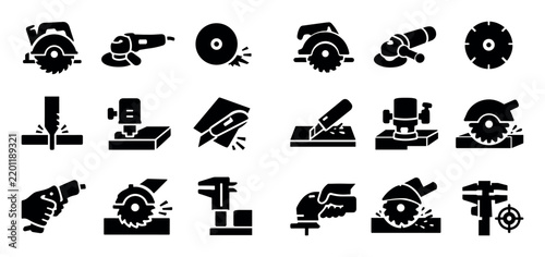 Power tools and cutting icon set with circular saw angle grinder and cutting disc for user interface design in solid glyph style