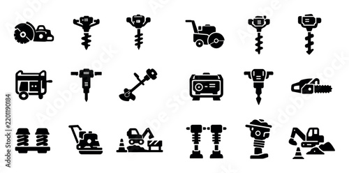 Construction and gasoline icon set with concrete cutter power auger and soil drill for presentation design in solid filled style