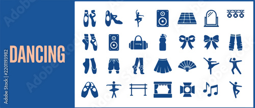Set of flat vector icons illustrating dance accessories performance gear and ballet equipment for artistic studio or choreographic school graphics