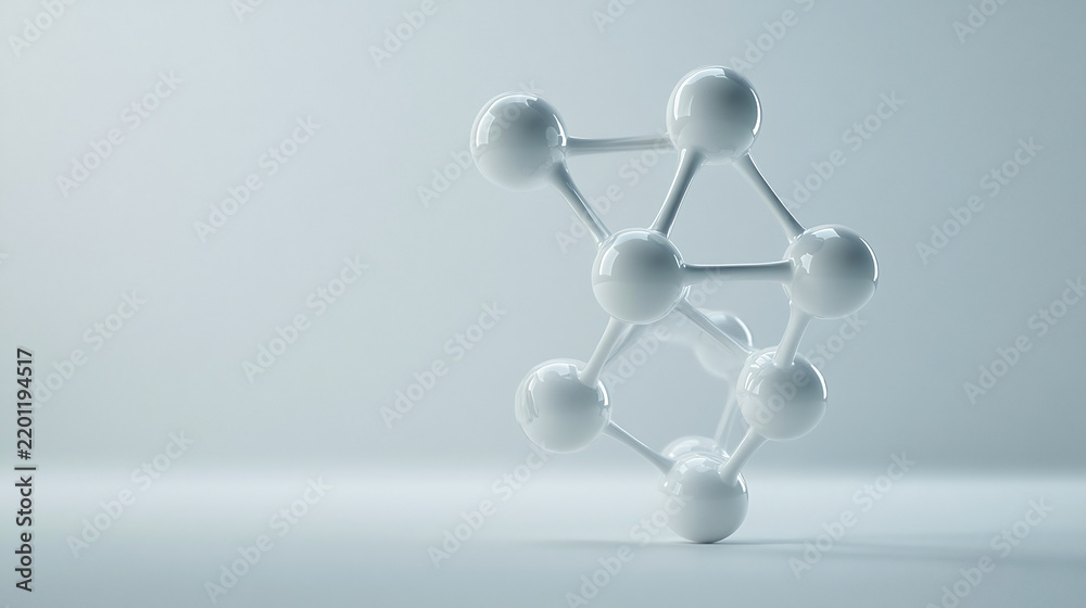 Obraz premium Elegant white molecular structure of a single amino acid on clean background, minimalist 3d render design for scientific research, biotechnology, medical innovation, and academic education presentatio