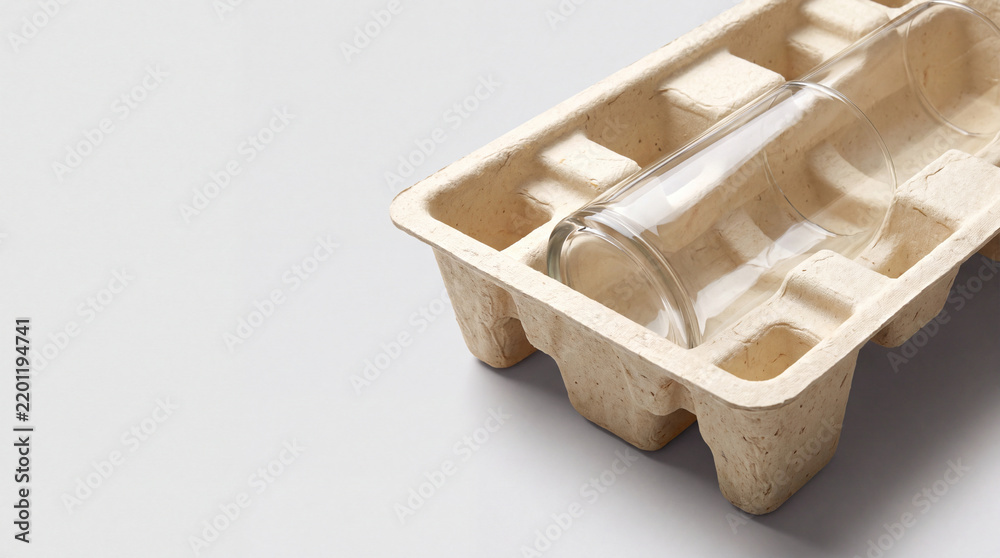Fototapeta premium Clear glass bottle protected inside a molded pulp packaging insert on a clean white background. Sustainable recyclable packaging concept with natural fiber material and generous copy space.