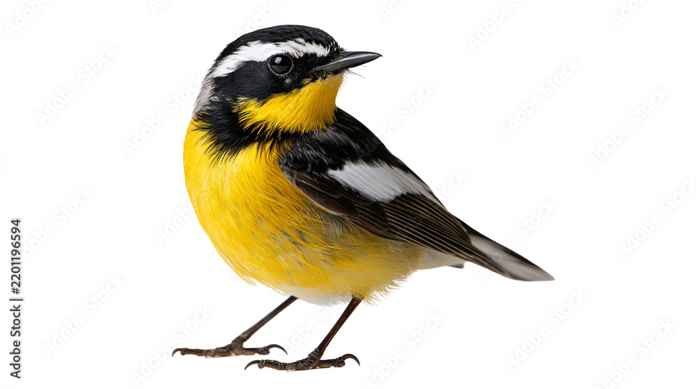 Obraz premium Yellow-rumped flycatcher with black and white plumage standing in profile