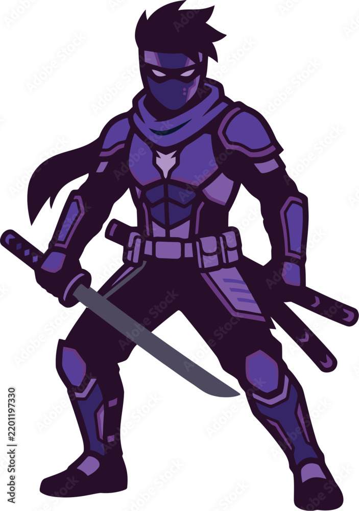 Fototapeta premium A ninja warrior stands poised with swords depicted in a flat purple vector illustration martialarts