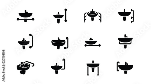 фотографія Collection of various modern bathroom sink icons with different faucets and desi