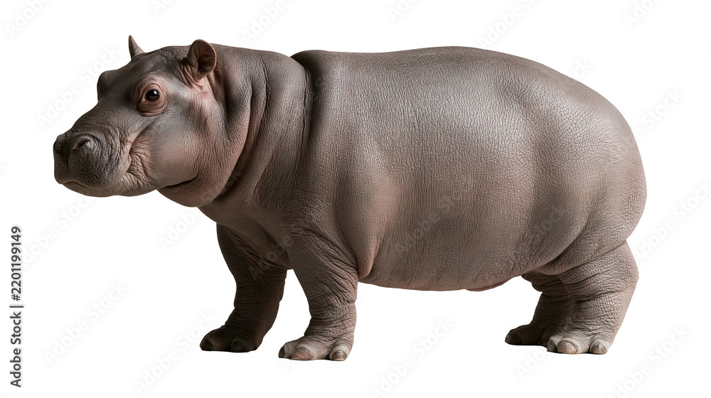 Fototapeta premium Young hippopotamus standing in profile with grey skin and rounded body shape