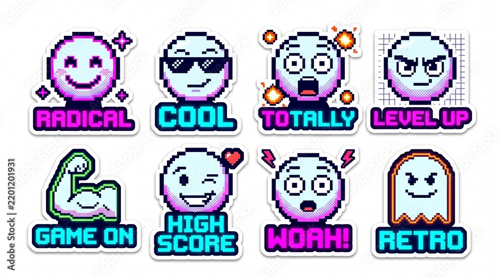 Obraz premium Retro pixel art sticker set featuring gaming emojis and slang text for digital communication, social media, and game design.