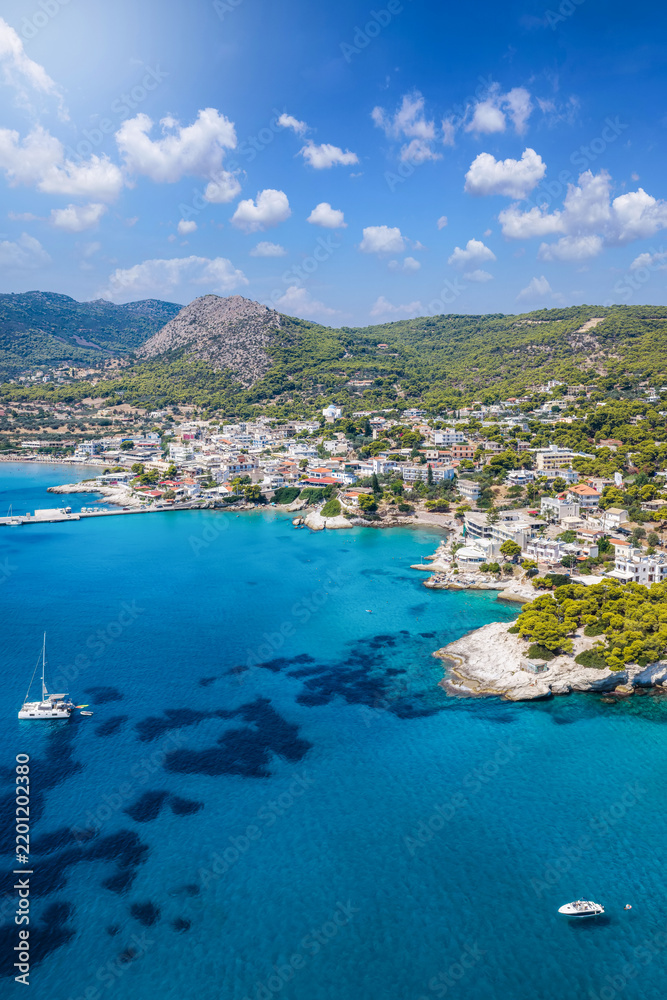 Fototapeta premium Aerial view of the coastal town Agia Marina on the Greek island of Aegina, Saronic Gulf, Greece