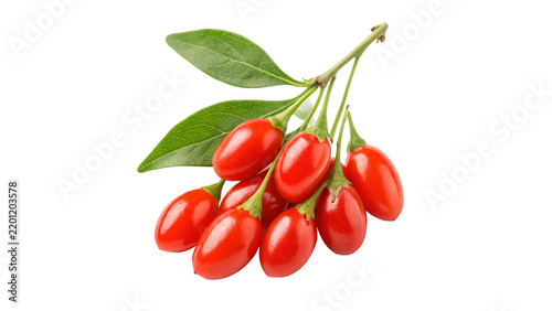 Фотография Bunch of fresh red goji berries with leaves isolated on transparent background