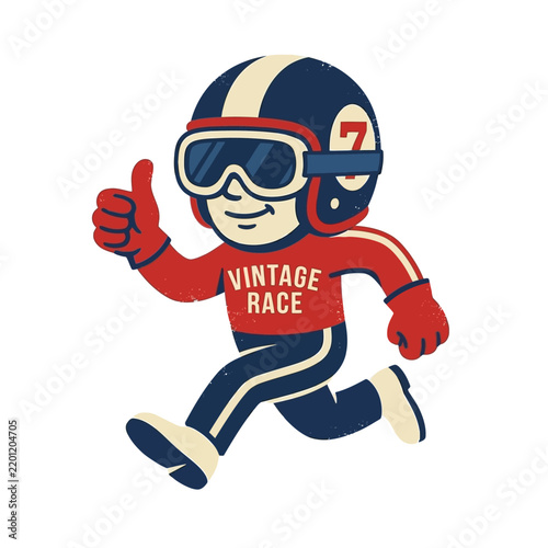 Vintage cartoon runner wearing helmet and goggles in a race scene.