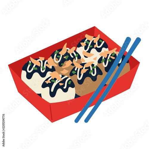 Delicious sushi in red bento box with chopsticks.