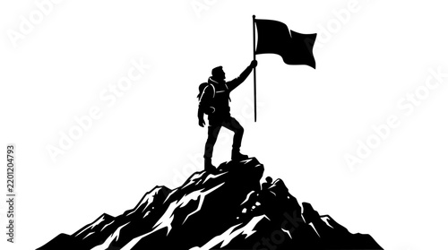 Hiker standing triumphantly on mountain peak with flag