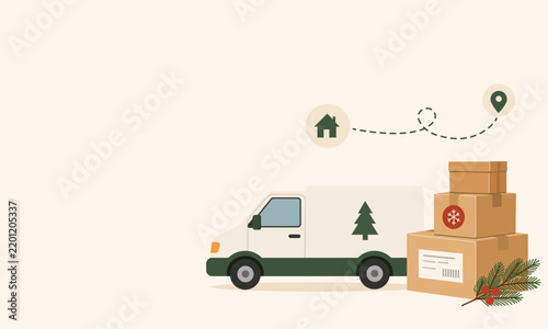 Christmas delivery concept with delivery van, stacked parcels and route symbols. Holiday shipping illustration with copy space for seasonal logistics and delivery designs.