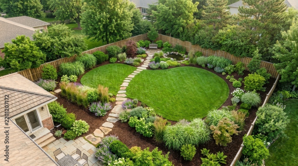 Obraz premium Lush backyard garden with winding stone path and blooming ornamental plants.