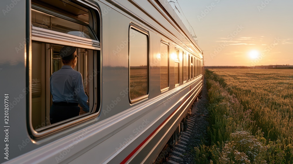 Fototapeta premium A train conductor gazes out the window as the train travels through a golden field at sunset. The warm light reflects off the train cars, creating a beautiful scene of travel and reflection